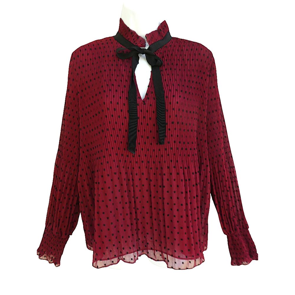 Max Studio Burgundy Swiss Dot Plisse Blouse Contrasting Neck Tie Bishop Sleeves